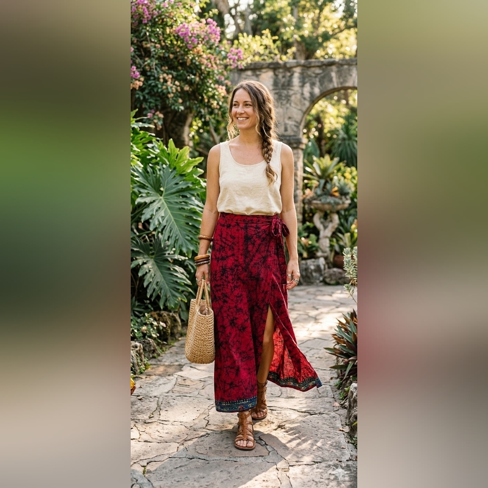 100% CottonRed and Black Batik Print Wrap Around Skirt With Kantha Stich Border.